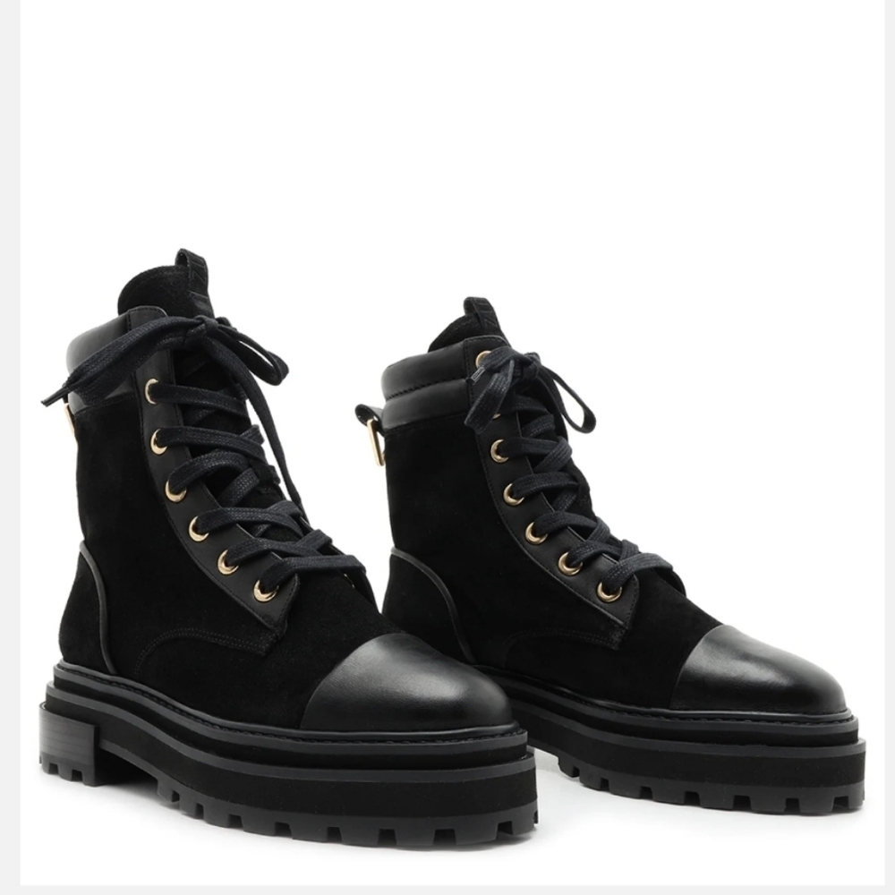 NWT Schutz Black Leather & Suede Combat Ankle Boots Size 8 (38)